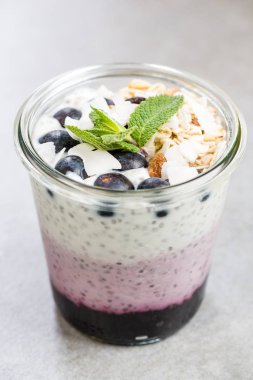 Kavanoz, yaban mersini, chia ve Hindistan cevizi katmanlı kahvaltı