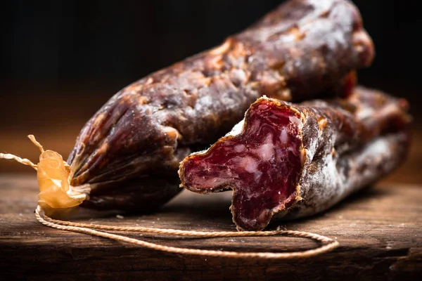 Hard Dried Pork Salami. Traditional and Regional Food — Stock Photo, Image