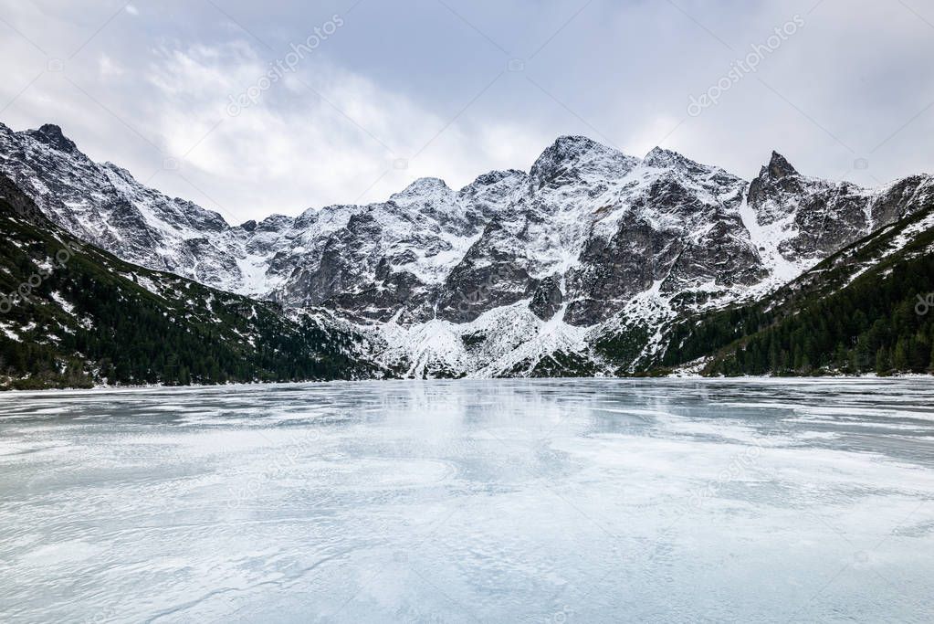 Winter at Morskie Oko or Sea Eye Lake in Poland Tatra Mountains
