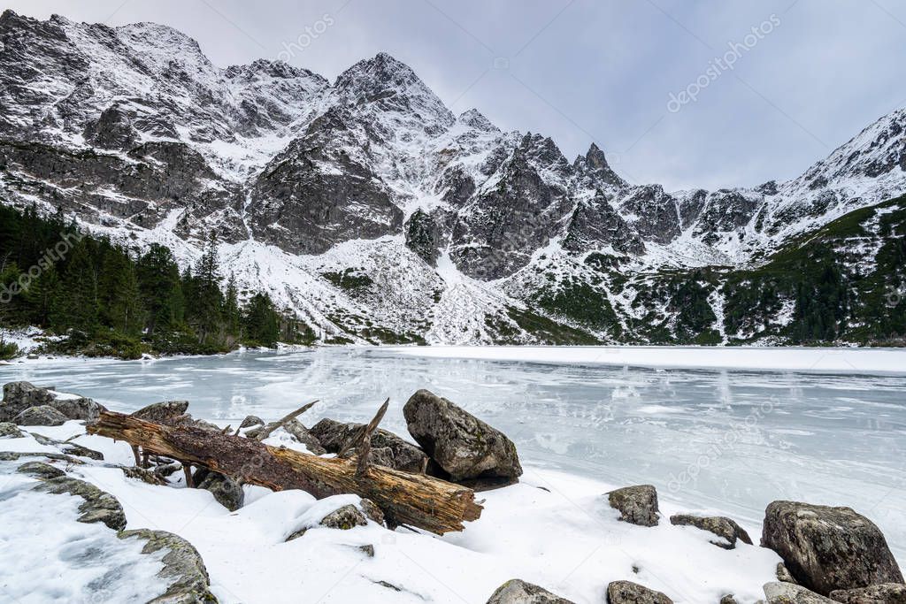 Morskie Oko Lake Covered in Ice at Winter in Tatra Mountains Pol