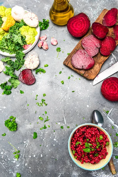 Cooking Vegetarian Plant Based Food. Buckwheat Groats with Beetroot and Parsley.