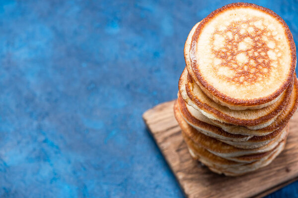 Stack Pancakes Wooden Board Overhead View Border Background Stock Photo