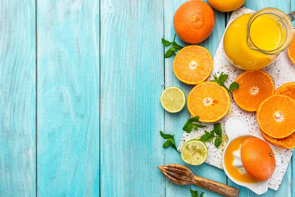 Making Refreshing Orange Juice Border Background Top View Ingredients — Stock Photo, Image