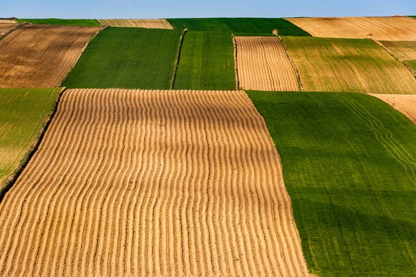 Kleurrijke Boerderijen Coutryside Land Akkers Bij Rolling Hills — Stockfoto