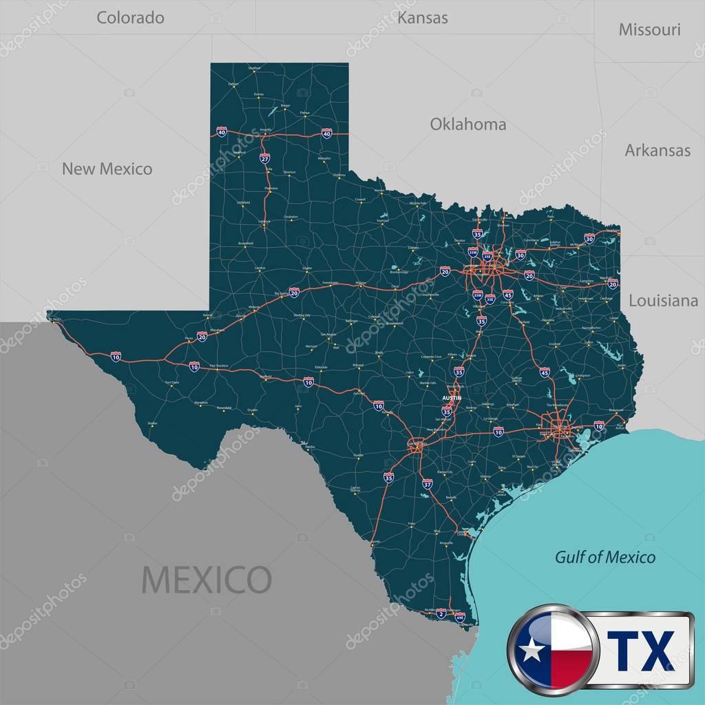 Mapa del estado de texas, Estados Unidos — Archivo Imágenes Vectoriales