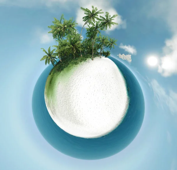 Small planet, ocean, tropical island, palm trees 3D illustration — Stock Photo, Image