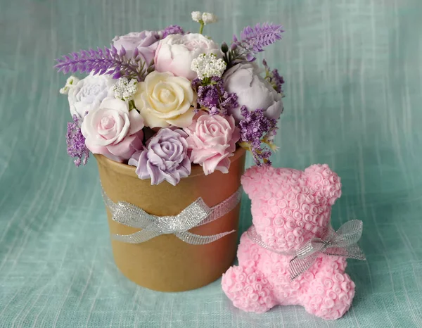 Decor House Soap Bouquet Flowers Peons Roses Lavender Pink Bear — Stock Photo, Image