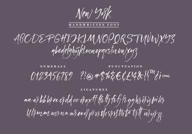 New York Handwritten script font. Brush font. Uppercase, lowercase, numbers, punctuation and a lot of ligatures clipart