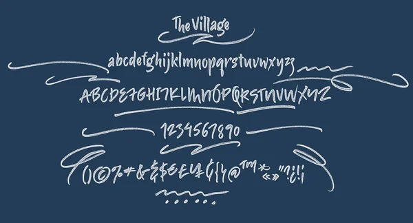 The Village handwritten font. Textured brush script with uppercase, lowercase, numbers and some punctuations symbols — Stock Vector