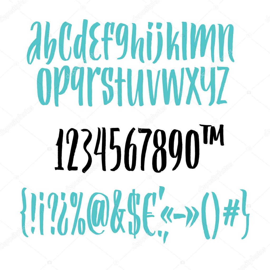 Handwritten script font. Brush font. Lowercase, numbers, punctuation 