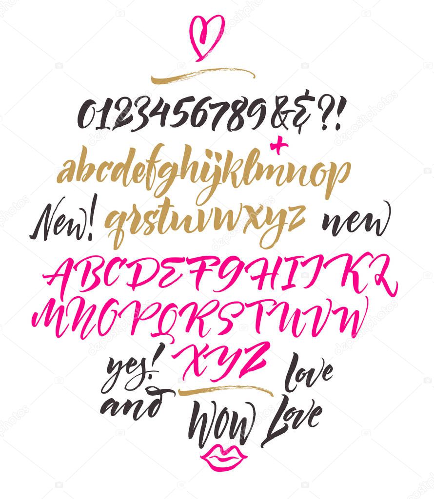 Handwritten script font. Brush font. Lowercase, numbers, punctuation 