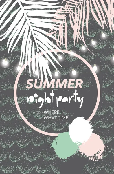 Summer tropical night party poster. Palms, ice cream and sea waves — Stock Vector