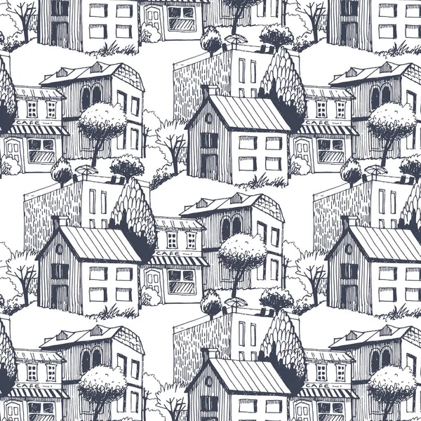 小城市单色图案与树街及咖啡厅 — 图库矢量图片