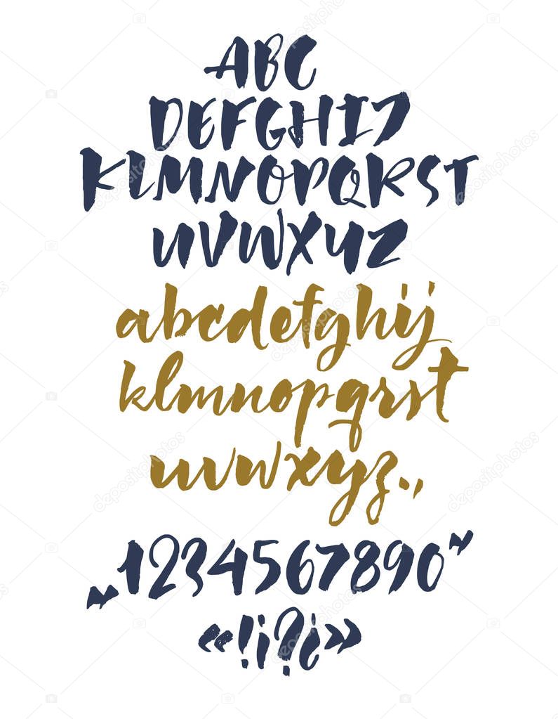 Handwritten script font. Brush font. Uppercase, numbers, punctuation 