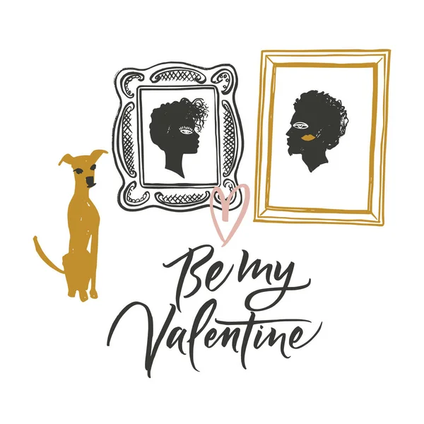 Illustratie voor Valentijnsdag. Portretten van twee geliefden en wachten hond — Stockvector