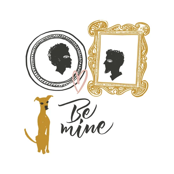 Illustration pour la Saint-Valentin. Portraits de deux amants et chien d'attente — Image vectorielle