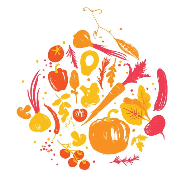 Amarillo-rojo de varios colores de verduras en un círculo. Cosecha de otoño. Productos del mercado agrícola . — Archivo Imágenes Vectoriales