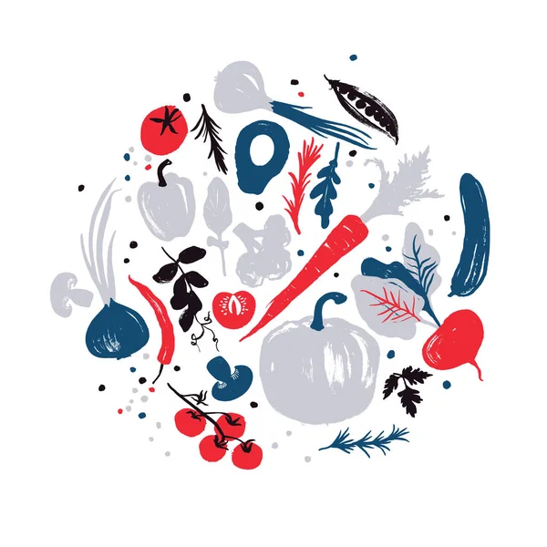 Azul-marinho-vermelho colorido vários de verduras em um círculo. Colheita de outono. Produtos do mercado agrícola . — Vetor de Stock