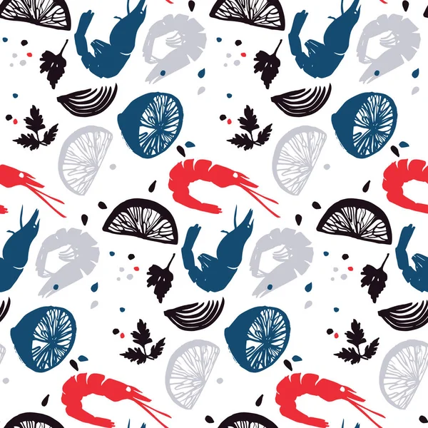Shrimp pattern. Seafood menu. Fresh farm products. Bon appetite — Stock Vector