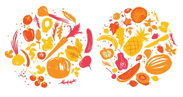 Gul-röd färgade olika grönsaker och frukt i en cirkel. Etikett för restaurangmarknaden menyn eller gård. — Stock vektor