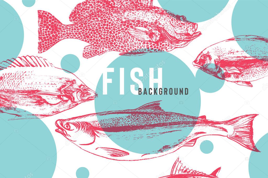 Beautiful fish background in bright blue and pink. Fish drawing with brush and ink with awesome live texture