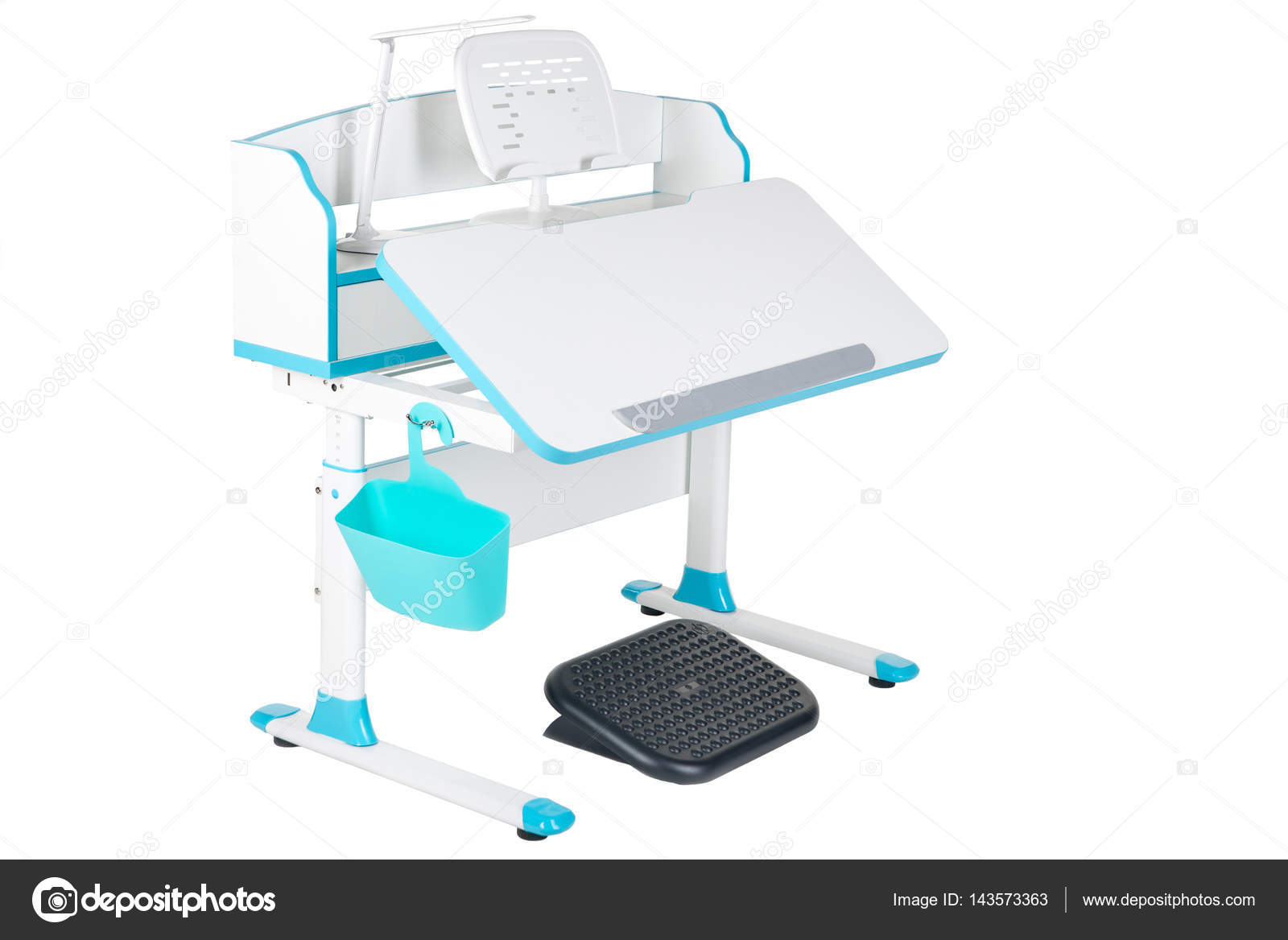Blue School Desk Basket Lamp And Black Support Under Blue School Desk Basket Lamp And Black Support Under Legs Stock