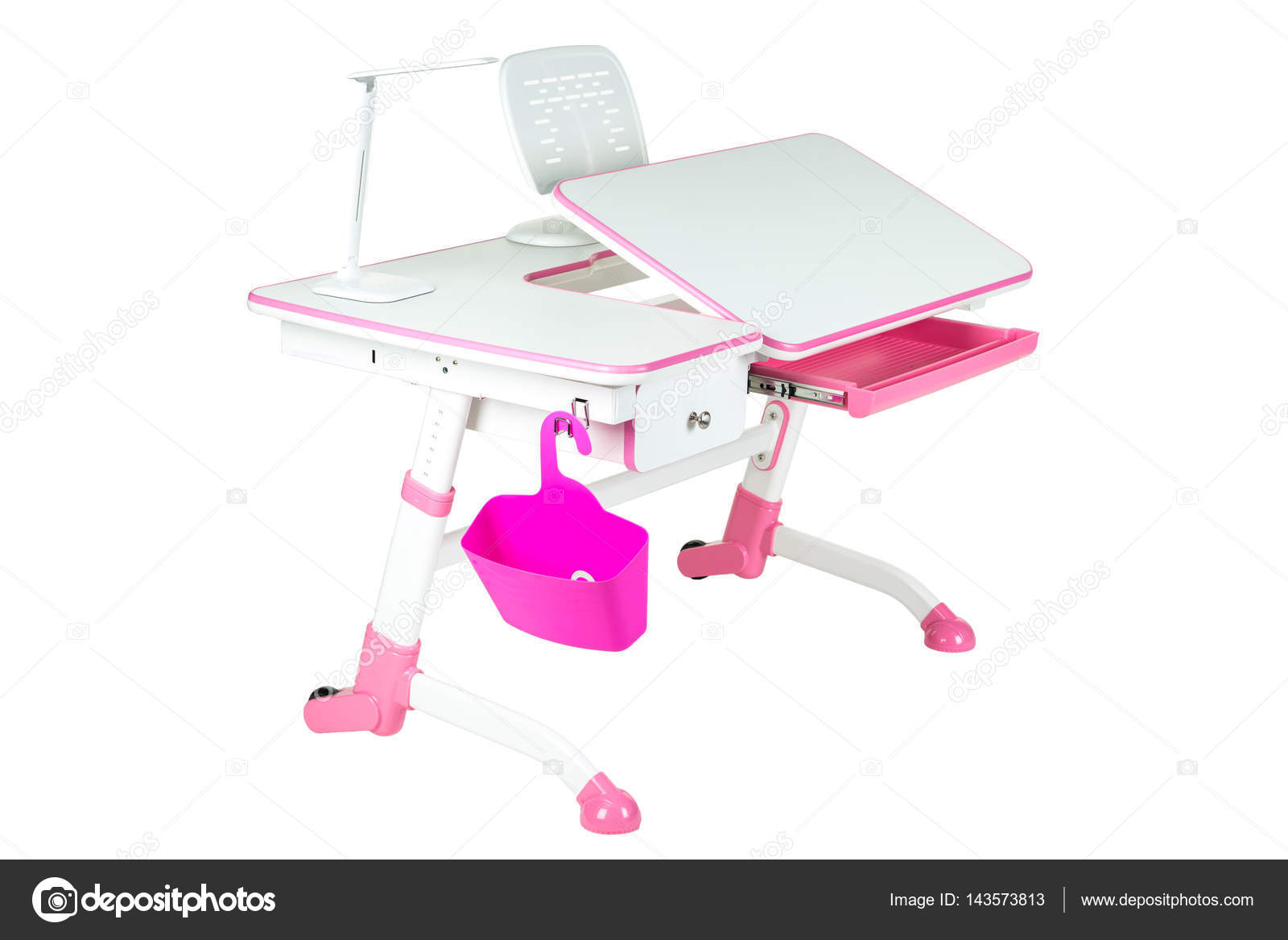 Pink School Desk Pink Basket And Desk Lamp Stock Photo
