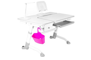 Gri okul masa, pembe sepeti ve Resepsiyon lambası