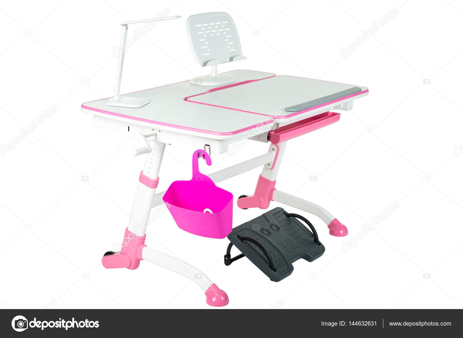 Pink School Desk Basket Lamp And Black Support Under Pink School Desk Basket Lamp And Black Support Under Legs Stock