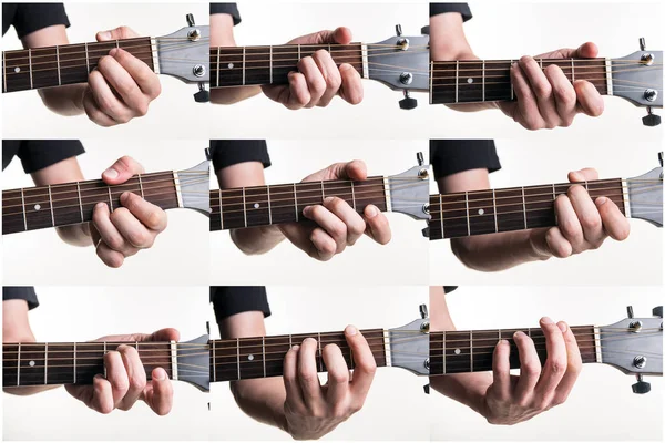 Найпопулярнішими акордами є A, Am, C, D, D, D, E, Em, Fm на гітарі, на білому тлі. Горизонтальна рамка — стокове фото