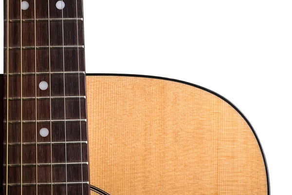 Частина акустичної гітари, палуби і вульгарності, на білому ізольованому фоні. Горизонтальна рамка — стокове фото
