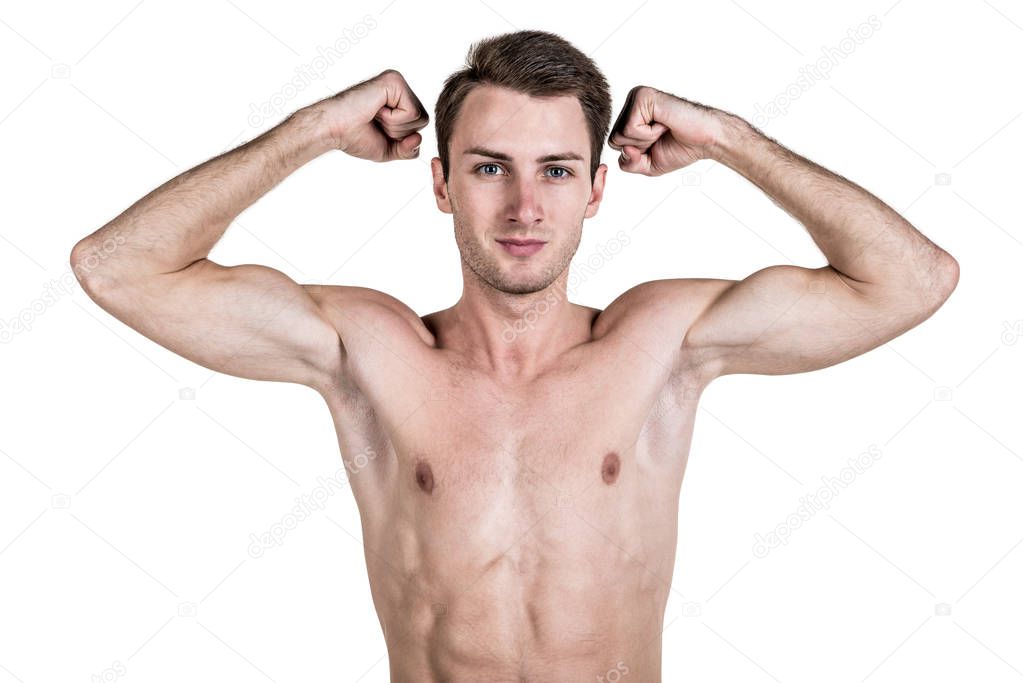 Healthy lifestyle and fitness. Handsome guy sports a physique, with a naked body, demonstrates a muscle, isolated on a white background. Horizontal frame