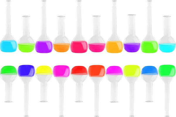 Zkumavky různých tvarů s pestrobarevným kapaliny izolovaných na bílém pozadí. Medicína, chemie. Vodorovný rámeček — Stock fotografie