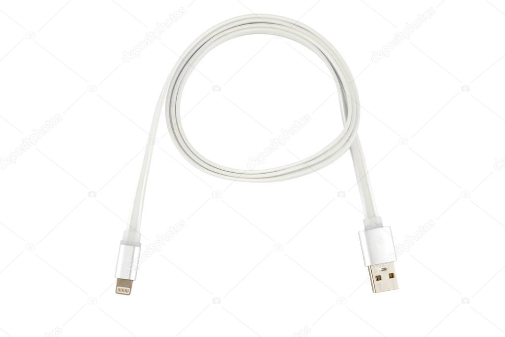 White usb cable for iPhone or iPad. Twisted in a ring, on a white isolated background. Horizontal frame