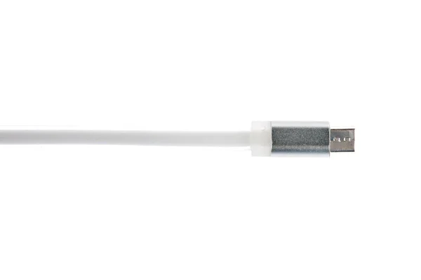 Cable conector micro usb gris sobre fondo aislado blanco. Marco horizontal —  Fotos de Stock