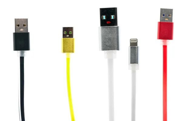 Four multicolored USB cable of friend, one with raised hand, on white isolated background. Inter-friendship, family, technology of the future. Horizontal frame — Stock Photo, Image