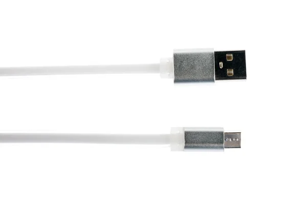 Dos conectores grises de cable micro USB blanco sobre fondo aislado blanco. Marco horizontal —  Fotos de Stock