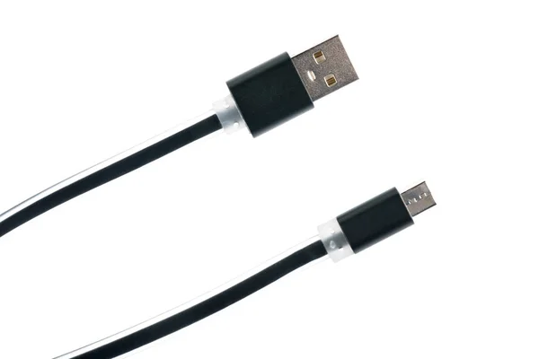 Dvě černé micro kabel Konektory na bílém pozadí izolované. Vodorovný rámeček — Stock fotografie