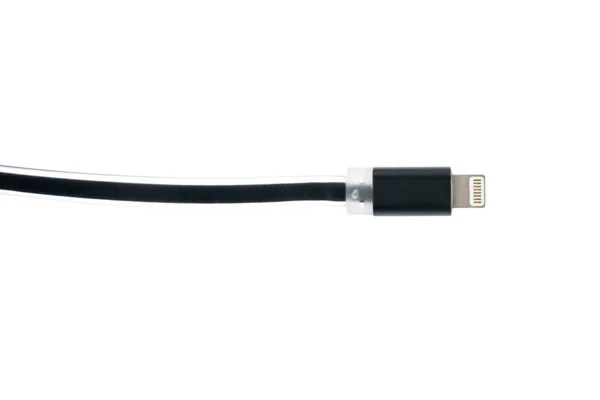 Cabo de conector USB preto para iPhone ou iPad, em fundo isolado branco. Quadro horizontal — Fotografia de Stock