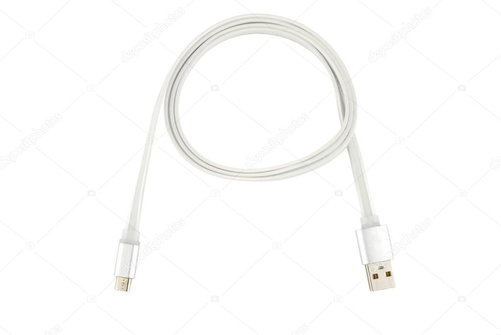White micro-usb cable twisted into a ring, on a white isolated background. Horizontal frame