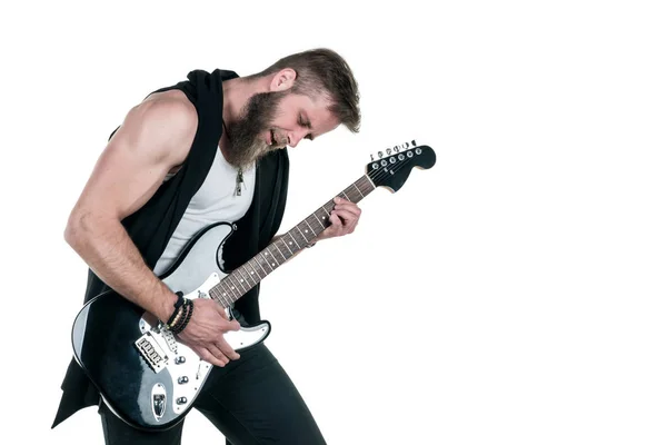 KIEV, UKRAINE - May 03, 2017. Charismatic and stylish man with a beard playing an electric guitar on a white isolated background. Horizontal frame — Stock Photo, Image