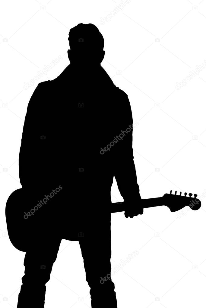 Black silhouette of a man with a guitar on a white isolated background. Vertical frame