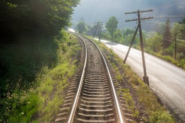 Seyahat, dinlenme. Ağaçlar, ot ve çalılar çevrili demiryolu parça görünümünü. Yatay Çerçeve