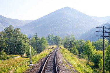 Seyahat, dinlenme. Ağaçlar, ot ve çalılar çevrili demiryolu parça görünümünü. Yatay Çerçeve
