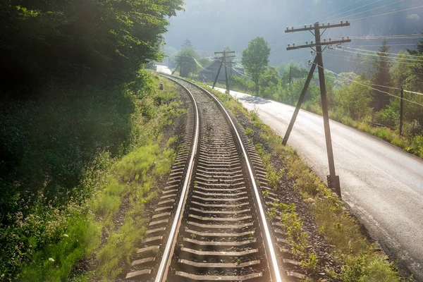 Seyahat, dinlenme. Ağaçlar, ot ve çalılar çevrili demiryolu parça görünümünü. Yatay Çerçeve