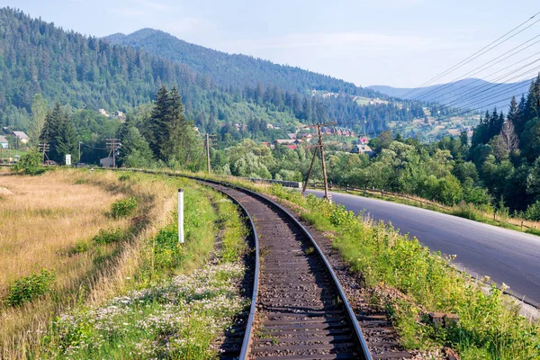 Reisen, Ruhe. Blick auf die Bahngleise, umgeben von Bäumen, Gras und Büschen. horizontaler Rahmen — Stockfoto