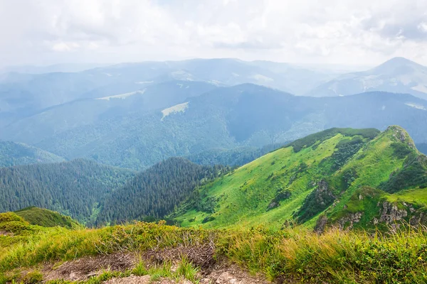 Seyahat, trekking, doğa. Görkemli, yüksek Yeşil dağlar. Yatay Çerçeve