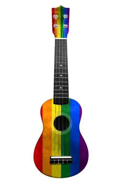 Hawajska gitara narodowa, ukulele, z malowaną flagą Lgbt, na białym, odizolowanym tle, jako symbol sztuki ludowej lub narodowej piosenki. — Zdjęcie stockowe