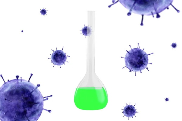 Chemiekolben Mit Grüner Flüssigkeit Vor Dem Hintergrund Lila Bakterien Coronavirus — Stockfoto