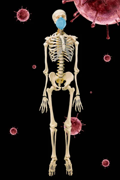Клас Анатомії Людський Скелет Повному Зростанні Стоїть Тлі Літаючих Бактерій — стокове фото